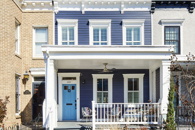 Mid-sized transitional blue two-story townhouse exterior idea in DC Metro