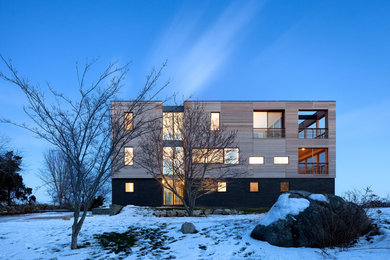 Diseño de fachada marrón actual de tres plantas con revestimiento de madera
