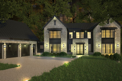 Example of a large minimalist gray three-story stone exterior home design in Other with a metal roof