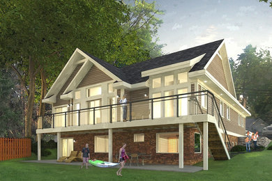 Foto de fachada de casa gris de estilo americano de tamaño medio de dos plantas con revestimiento de aglomerado de cemento, tejado a dos aguas y tejado de teja de madera