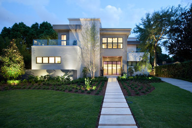 Réalisation d'une grande façade de maison blanche minimaliste en stuc à un étage avec un toit plat.
