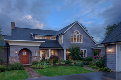 Traditional gray two-story mixed siding gable roof idea in Seattle