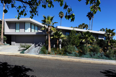 Foto de fachada de casa gris moderna de tamaño medio de una planta con revestimiento de estuco, tejado plano y tejado de varios materiales
