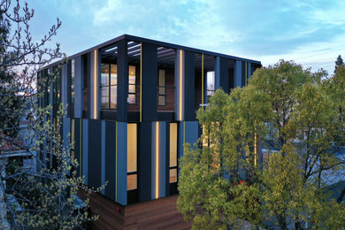 Photo of a modern render flat in Sacramento with three floors.