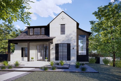 Diseño de fachada de casa blanca clásica renovada de tamaño medio de dos plantas con revestimiento de ladrillo, tejado a dos aguas y tejado de teja de madera