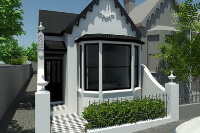 Modelo de fachada de casa blanca clásica de tamaño medio de dos plantas con revestimiento de aglomerado de cemento, tejado a cuatro aguas y tejado de teja de barro