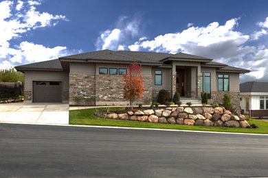 Large modern brown two-story house exterior idea in Salt Lake City with a hip roof and a shingle roof