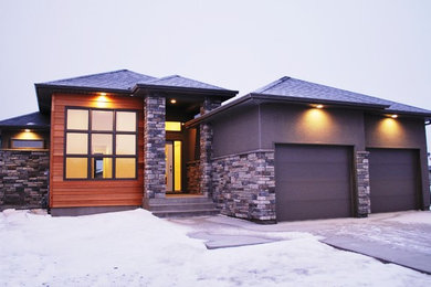 Example of a mid-sized trendy gray one-story mixed siding exterior home design in Other