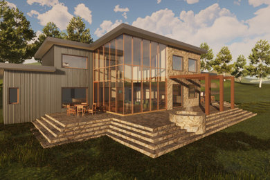Idées déco pour une façade de maison grise moderne de taille moyenne et à un étage avec un revêtement mixte, un toit en appentis et un toit en métal.