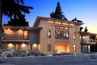 Modelo de fachada marrón moderna grande de dos plantas con revestimiento de madera y tejado plano