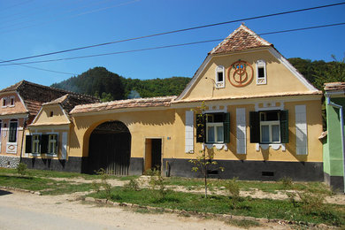 他の地域にあるお手頃価格の中くらいなトラディショナルスタイルのおしゃれな家の外観 (黄色い外壁) の写真