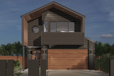 Стильный дизайн: двухэтажный, коричневый частный загородный дом в современном стиле с комбинированной облицовкой, двускатной крышей и металлической крышей - последний тренд