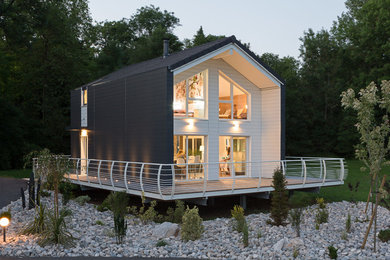 Cette image montre une façade de maison noire design en bois à un étage et de taille moyenne avec un toit à deux pans.