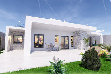 Cette image montre une façade de maison blanche minimaliste en béton de taille moyenne et de plain-pied avec un toit plat et un toit mixte.