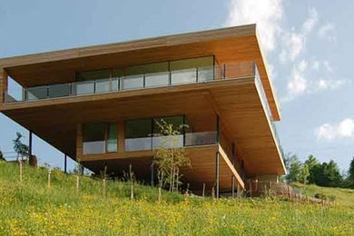 Idée de décoration pour une grande façade de maison marron design en bois à deux étages et plus.