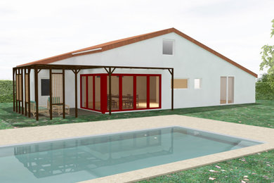 Diseño de fachada de casa blanca contemporánea de tamaño medio con tejado a dos aguas y tejado de teja de barro