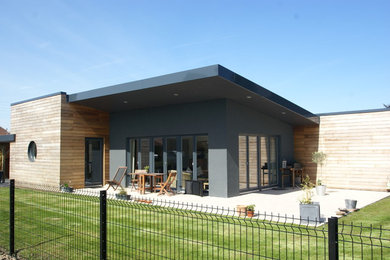 Cette image montre une petite façade de maison grise design en panneau de béton fibré de plain-pied avec un toit plat.
