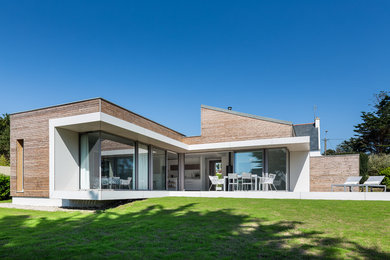 Idee per la facciata di una casa contemporanea a un piano di medie dimensioni con tetto piano e rivestimento in legno