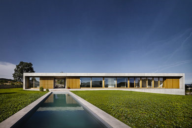 Стильный дизайн: большой, одноэтажный, серый дом в современном стиле с облицовкой из бетона и плоской крышей - последний тренд
