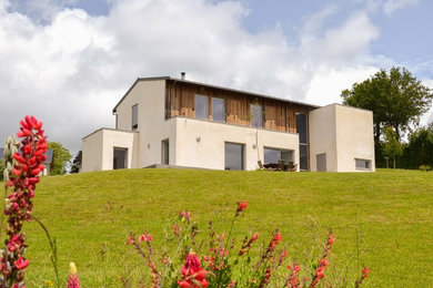 Cette image montre une façade de maison blanche design en bois de taille moyenne et à un étage avec un toit à deux pans.