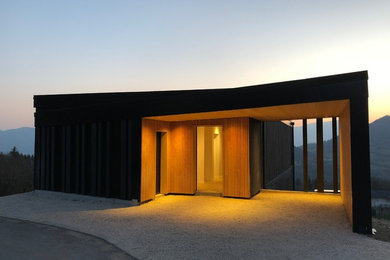 Cette photo montre une façade de maison noire tendance en bois de taille moyenne et à un étage avec un toit plat et un toit végétal.