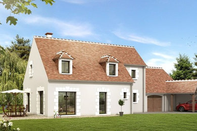 Mittelgroßes, Dreistöckiges Klassisches Einfamilienhaus mit Mix-Fassade, weißer Fassadenfarbe, Satteldach und Ziegeldach in Sonstige