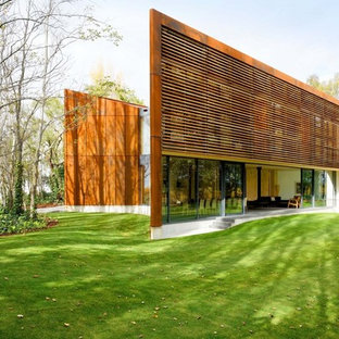 Cette image montre une grand façade en bois design à un étage avec un toit plat.