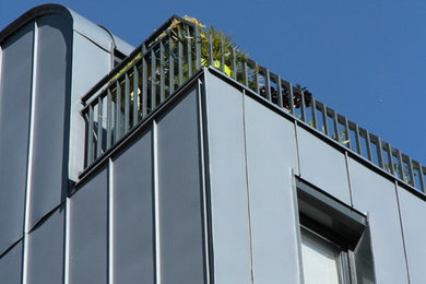 Réalisation d'un très grande façade d'immeuble métallique minimaliste avec un toit à deux pans et un toit en métal.
