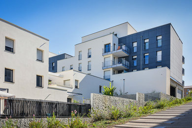 Inspiration for a contemporary house exterior in Lyon with wood cladding.