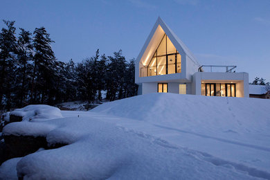 Cette photo montre une très grande façade de maison blanche moderne à deux étages et plus avec un toit à deux pans.