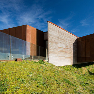 Immagine della facciata di una casa marrone contemporanea a due piani di medie dimensioni con rivestimento in legno, tetto piano e copertura mista
