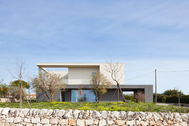 Idee per la facciata di una casa grande grigia contemporanea a due piani con tetto piano