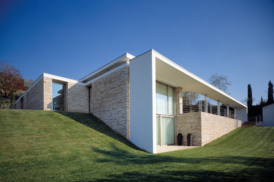 Exemple d'une grande façade de maison tendance à un étage avec un toit plat.