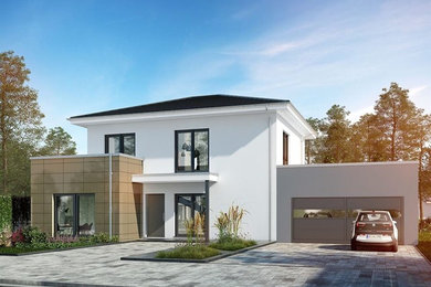 Idee per la casa con tetto a falda unica bianco moderno a un piano di medie dimensioni