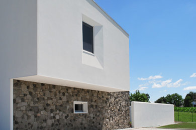Ejemplo de fachada blanca actual de tamaño medio a niveles con revestimientos combinados y tejado de un solo tendido