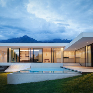 Ispirazione per la villa bianca moderna a un piano con tetto piano e rivestimento in vetro