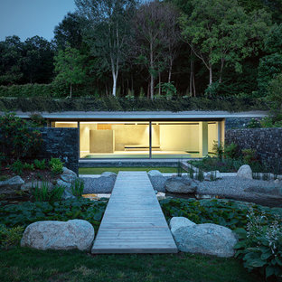 Idee per la facciata di una casa contemporanea a un piano con tetto piano e rivestimento in vetro