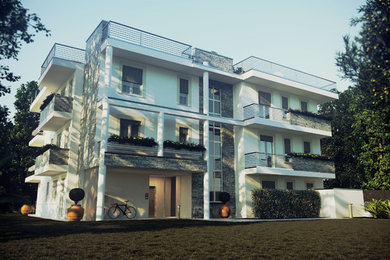Idee per la facciata di un appartamento bianco contemporaneo a tre piani con rivestimento in pietra, tetto piano e copertura mista