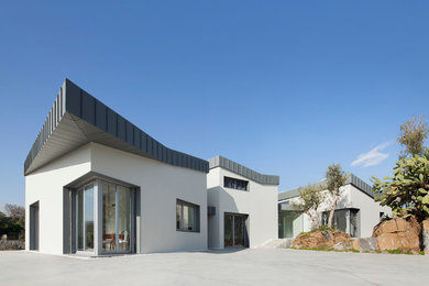 Immagine della facciata di una casa grande bianca contemporanea a due piani