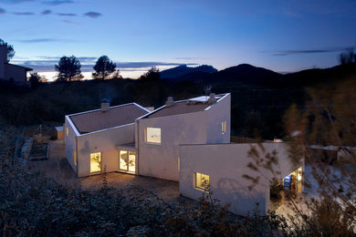 Ejemplo de fachada beige minimalista grande de dos plantas con revestimientos combinados y tejado de un solo tendido