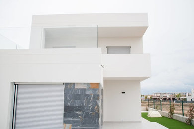 Modelo de fachada de casa blanca de tamaño medio de una planta con revestimientos combinados, tejado plano y tejado de varios materiales