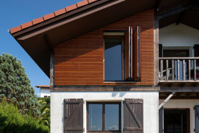 Modelo de fachada actual con revestimiento de madera