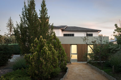 Modelo de fachada de casa marrón nórdica de tamaño medio de una planta con revestimiento de madera, tejado plano y tejado de metal