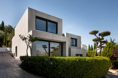 Exemple d'une grande façade de maison grise tendance en béton à deux étages et plus avec un toit plat.