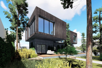 Imagen de fachada de casa marrón nórdica de tamaño medio de tres plantas con revestimientos combinados, tejado plano y tejado de varios materiales