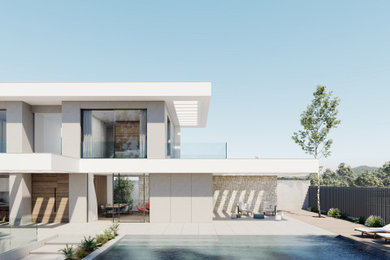 Modelo de fachada de casa blanca mediterránea de tamaño medio de dos plantas con revestimiento de piedra, tejado plano y tejado de varios materiales
