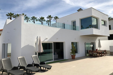 Diseño de fachada de casa blanca contemporánea de tamaño medio de una planta con revestimientos combinados, tejado plano y tejado de varios materiales