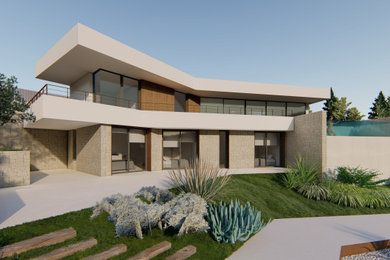 Imagen de fachada de casa blanca moderna grande de dos plantas con revestimiento de piedra, tejado plano y tejado de varios materiales