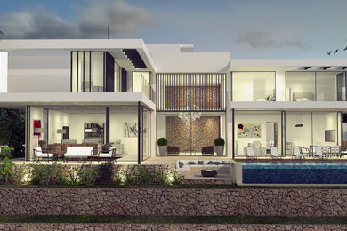 Imagen de fachada de casa blanca minimalista grande de dos plantas con revestimientos combinados, tejado plano y tejado de varios materiales