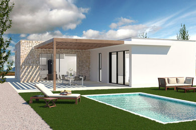 Modelo de fachada de casa minimalista pequeña de una planta con revestimientos combinados, tejado plano y tejado de varios materiales